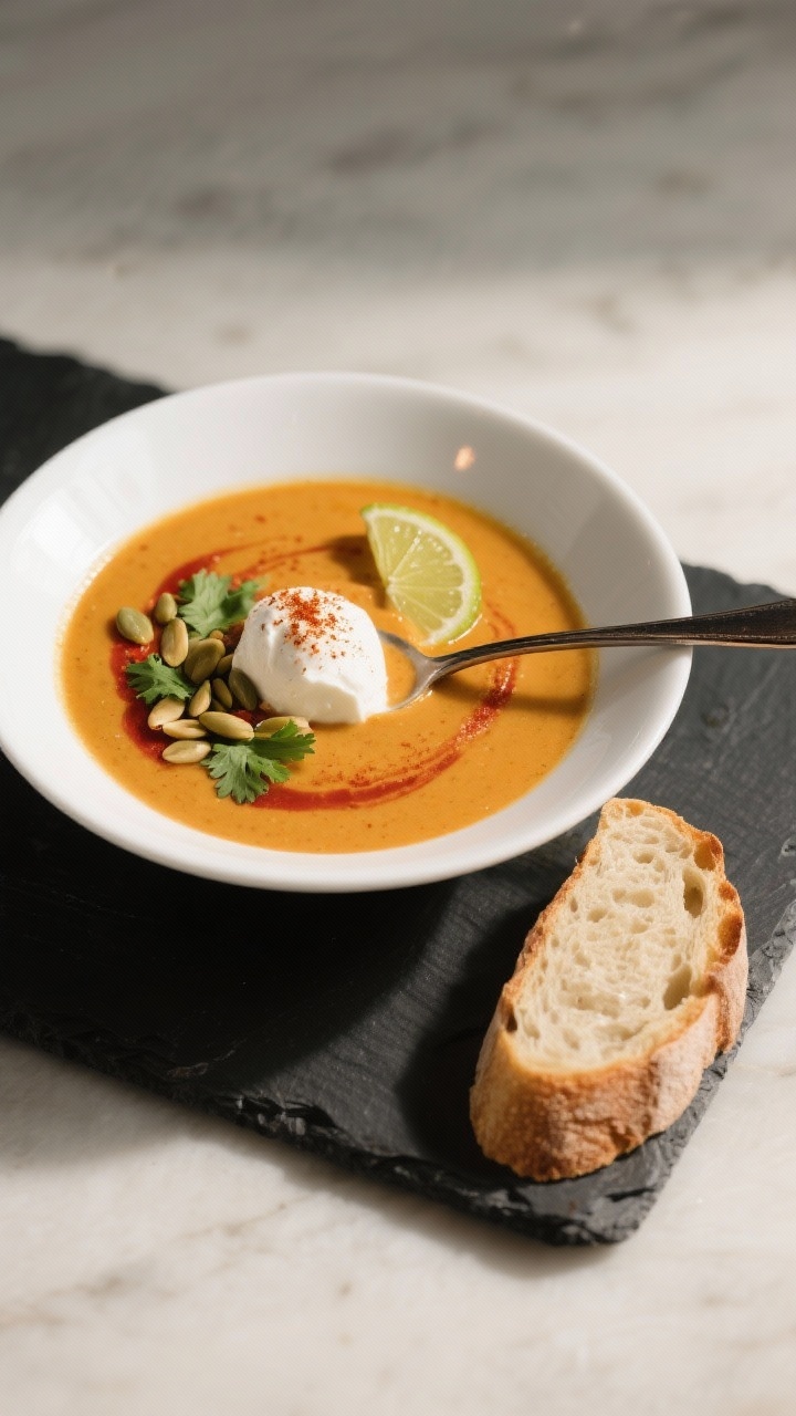 Final dish presentation: Restaurant-level plating of the soup in a shallow white bowl, luxuriously p