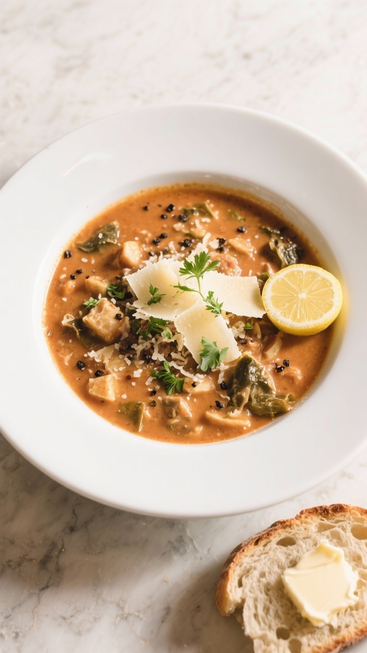 Final dish presentation: Restaurant-quality bowl of Zuppa Toscana copycat served in a wide white cer