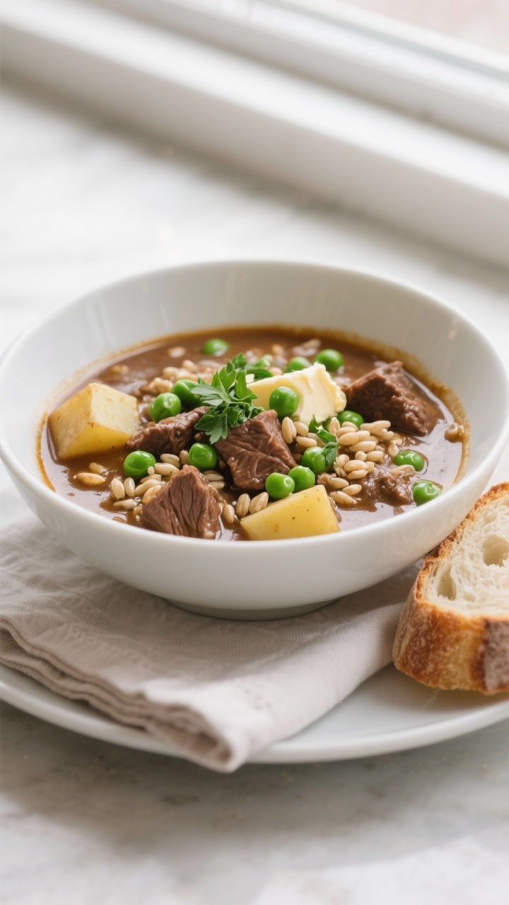Hearty Beef & Barley Stew for Cold Winter Days: The One-Pot Powerhouse That Makes Winter Worth It Final dish presentation: Restaurant-quality bowl of Hearty Beef & Barley Stew ladled into a wide whi