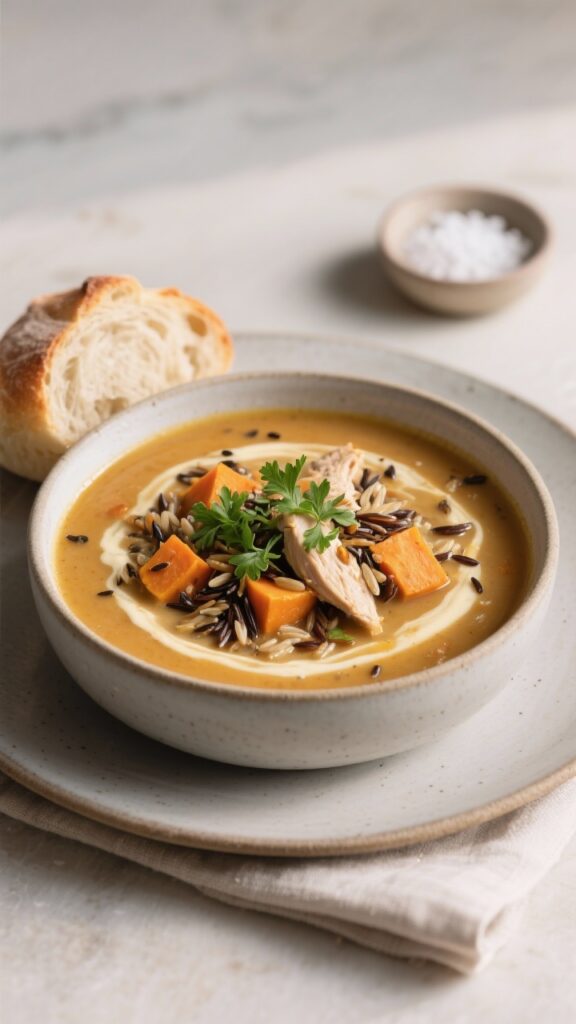 Leftover Smoked Chicken Turned Into 4 Cozy Fall Dinners Tonight Final dish presentation: Restaurant-quality bowl of Harvest Chicken and Wild Rice Soup on a matte ce