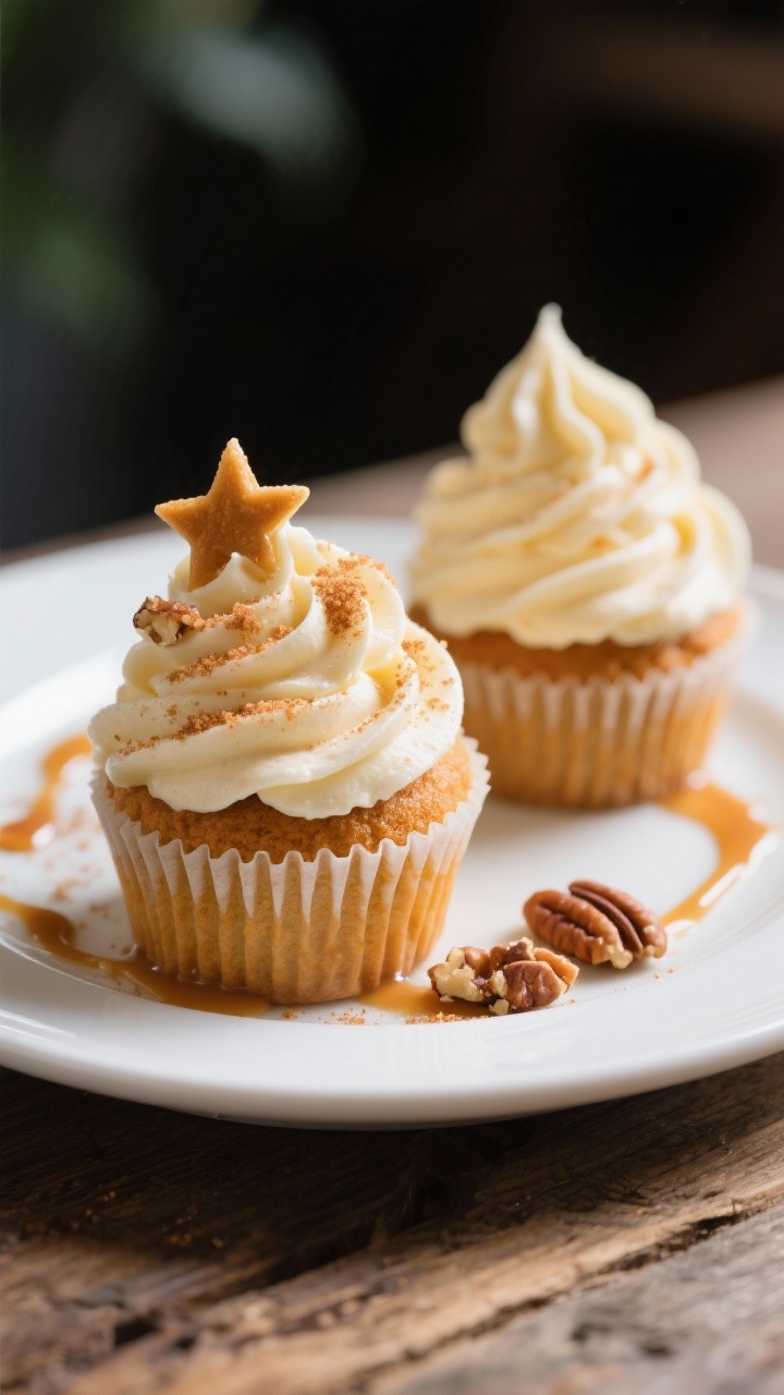 Pumpkin Spice Cupcakes with Cream Cheese Frosting: The Ultimate Fall Treat You’ll Crave All Year Final dish presentation: Restaurant-quality plate of two frosted pumpkin spice cupcakes with tall, s