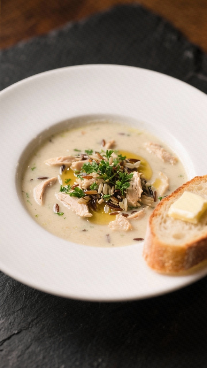 Final dish presentation: Restaurant-quality plated bowl of creamy chicken & wild rice soup garnished