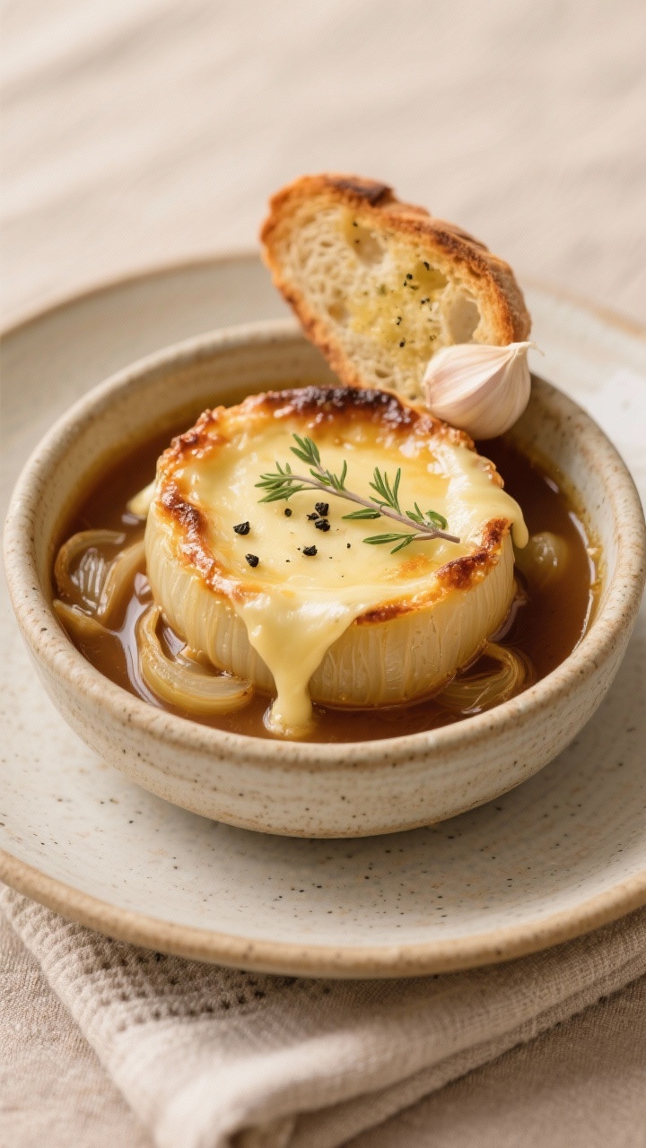 “Classic French Onion Soup That Feels Like a Warm Hug” — The Cozy, Caramelized Bowl You’ll Brag About Final dish presentation: Restaurant-quality plated bowl of classic French onion soup—silky, broth-