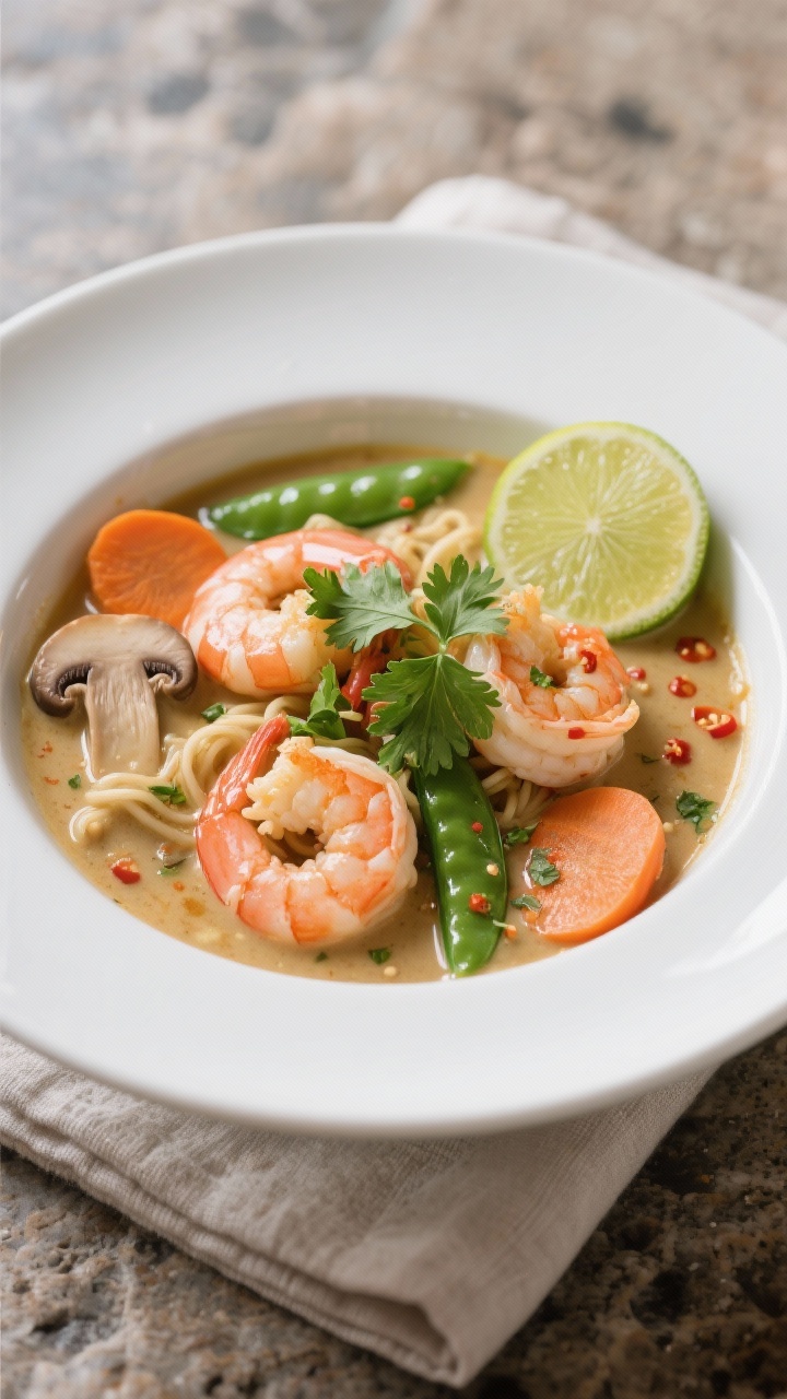 Thai Coconut Curry Soup for Spicy Cozy Vibes: The 20-Minute Comfort Bowl You’ll Crave All Week Final dish presentation: Restaurant-quality plated Thai coconut curry with shrimp, served without no