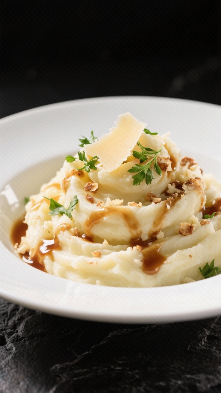 Final dish presentation: Restaurant-quality plating of Creamy Garlic Mashed Potatoes in a shallow wh
