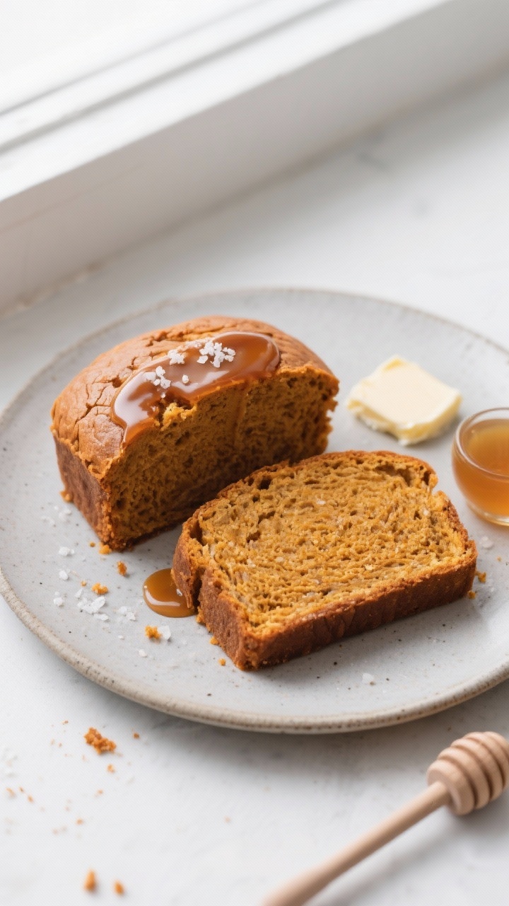 Final dish presentation: Restaurant-quality slice-and-serve moment—two thick slices of pumpkin bre