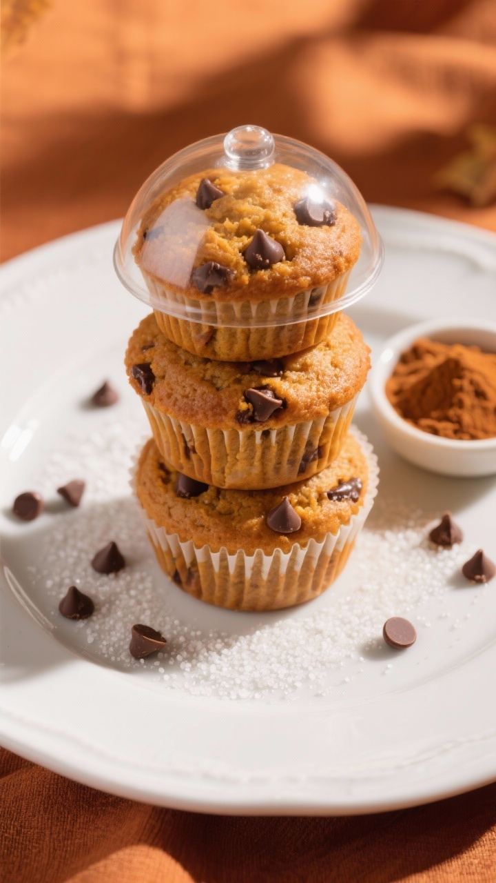 Final dish presentation: Three pumpkin chocolate chip muffins stacked and staggered on a white ceram