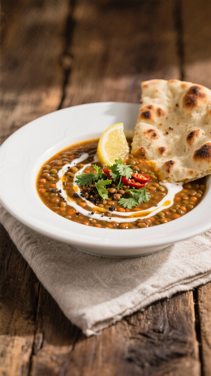 Final dish: Restaurant-quality bowl of Spicy Lentil Soup plated in a wide, shallow white bowl; garni