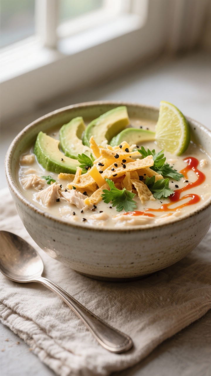 Final dish — Restaurant-quality bowl of White Chicken Chili: deep ceramic bowl filled with thick, 
