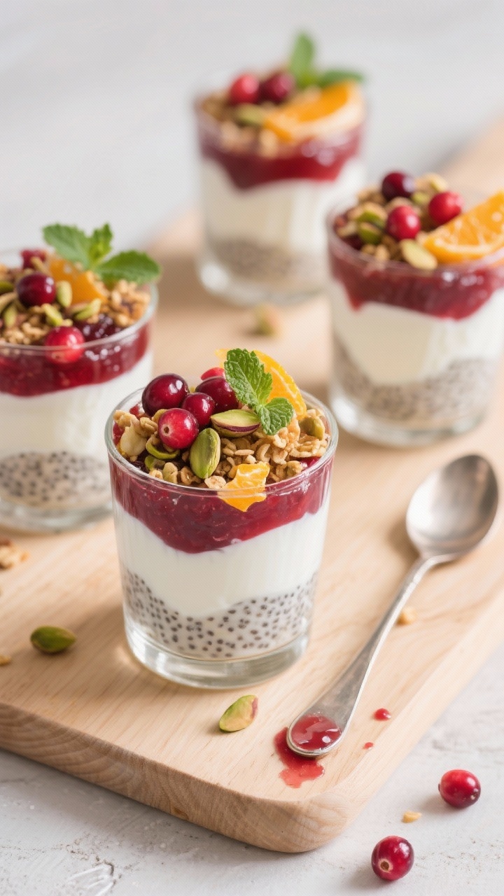 Healthy Christmas Breakfast Ideas for a Balanced Holiday Start: 7 Festive Plates That Taste Like Indulgence (But Aren’t) Final dish top view: Overhead shot of Cranberry-Orange Chia Jam Yogurt Parfaits layered in clear gla