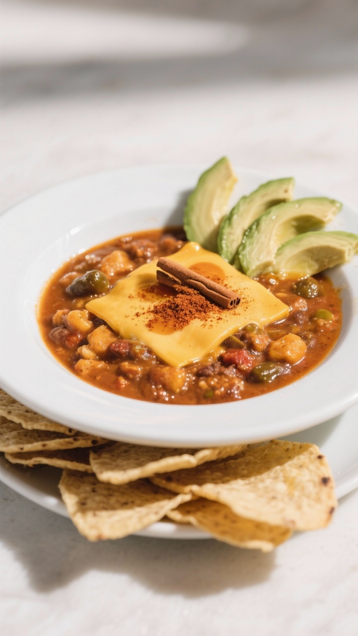 Final plated beauty shot: Three-quarter angle of a beautifully plated pumpkin chili in a wide, shall