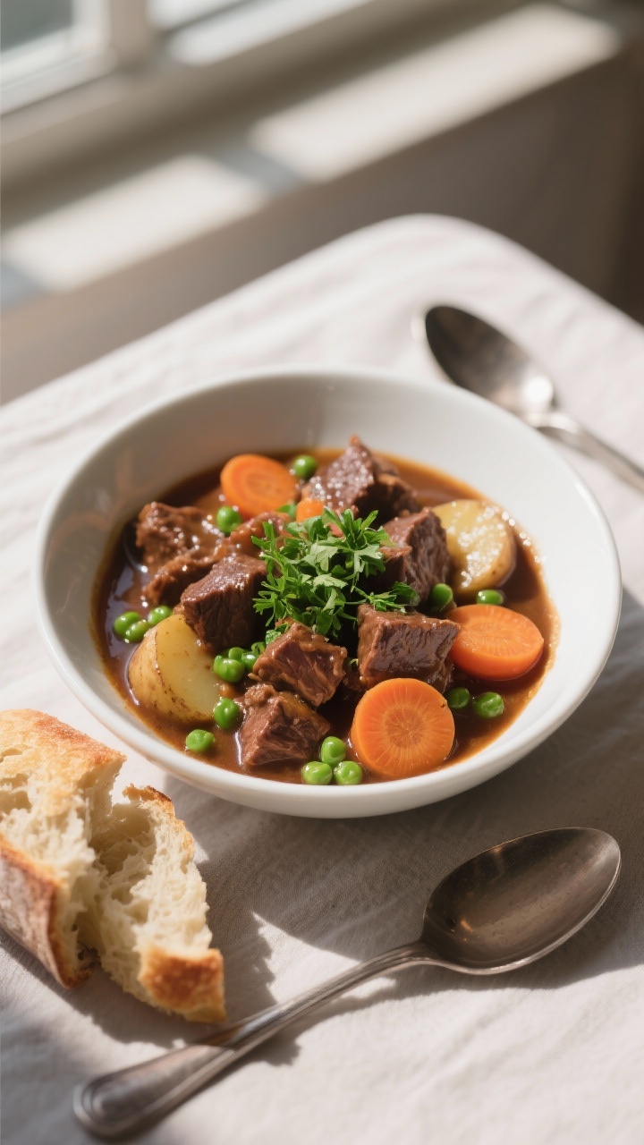 Final plated bowl: Restaurant-quality presentation of Crockpot Beef Stew with Red Wine in a wide, ma