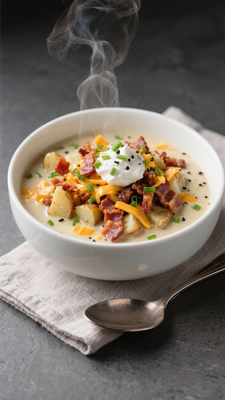 Final plated bowl — Restaurant-ready presentation: A deep white bowl of loaded baked potato soup t