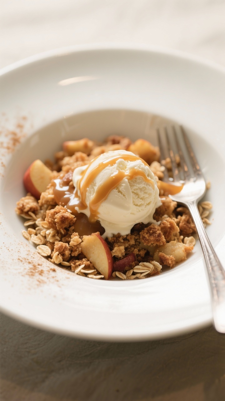 Final plated dish: Restaurant-quality presentation of a warm scoop of caramel apple crisp in a shall