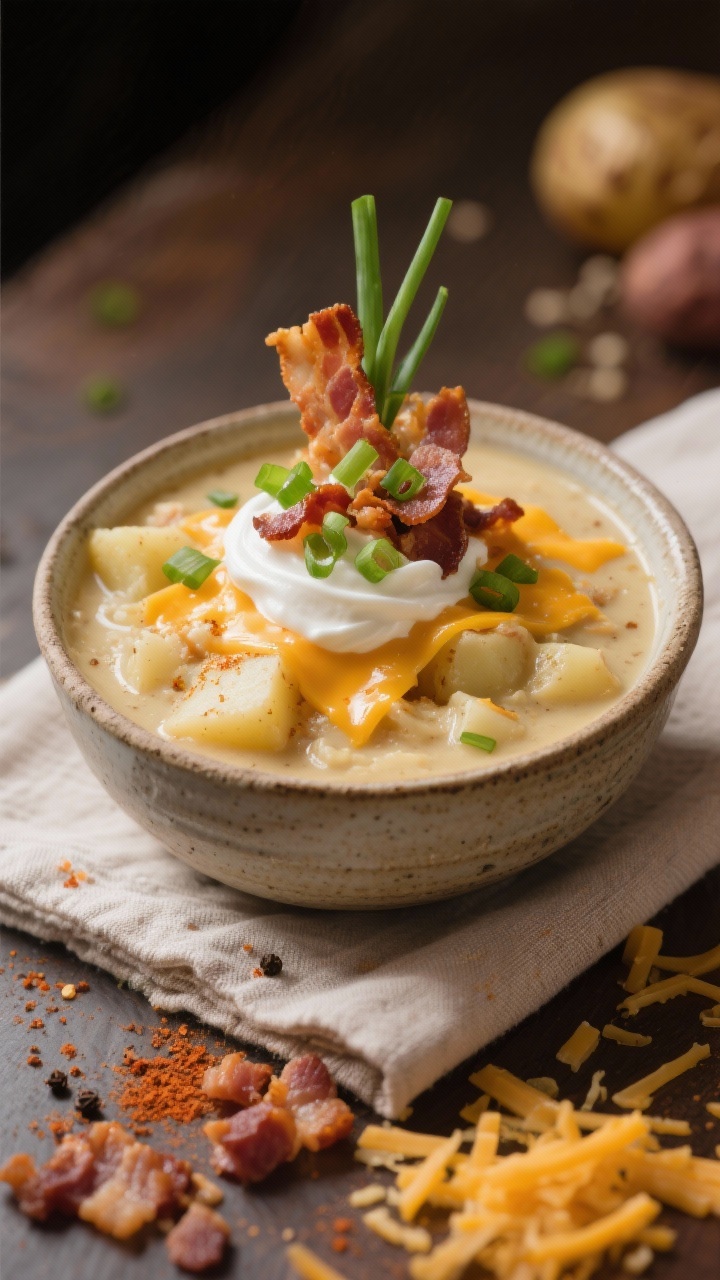 Loaded Baked Potato Soup for the Ultimate Comfort Bowl: Creamy, Cheesy, Bacon-Loaded Magic You’ll Make on Repeat Final plated hero: Restaurant-quality presentation of loaded baked potato soup in a rustic ceramic b