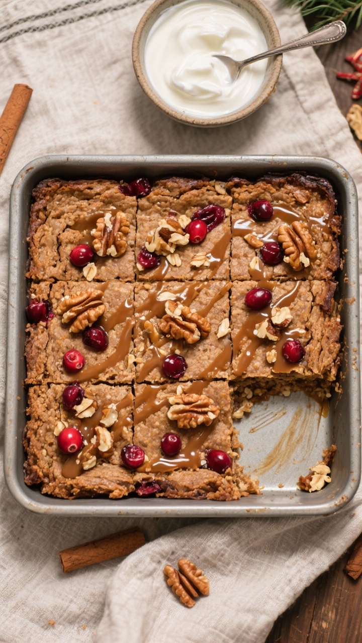 Make-Ahead Christmas Breakfast Recipes for Stress-Free Mornings: 3 Overnight Winners You’ll Pop in the Oven and Take All the Credit For Final presentation top-down of Gingerbread Baked Oatmeal with Cranberries: cut into neat squares in