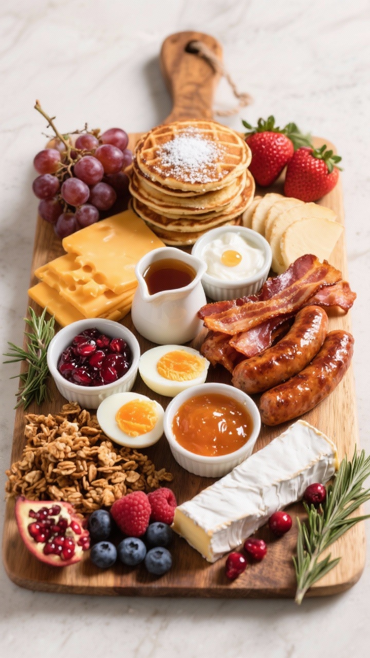 Overhead shot of a fully assembled Thanksgiving breakfast charcuterie board on a large wooden board: