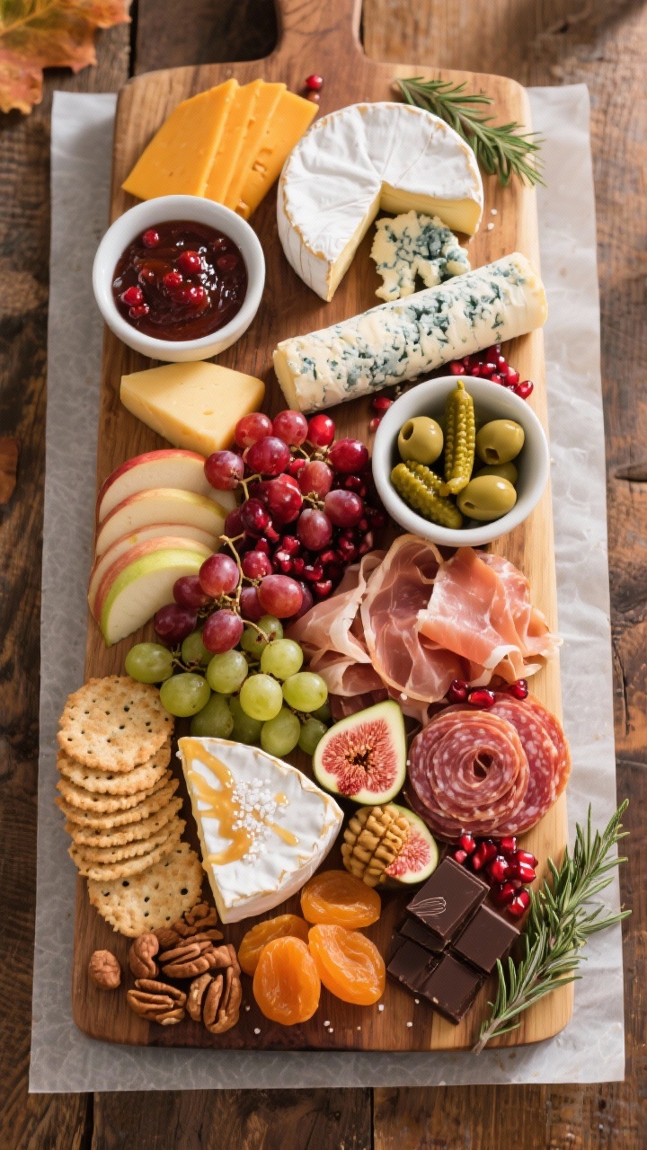 Festive Thanksgiving Charcuterie Board Ideas: The Showstopping Grazing Platter Your Guests Won’t Stop Talking About Overhead shot of a fully assembled Thanksgiving charcuterie board on a large wooden slab, bowls form