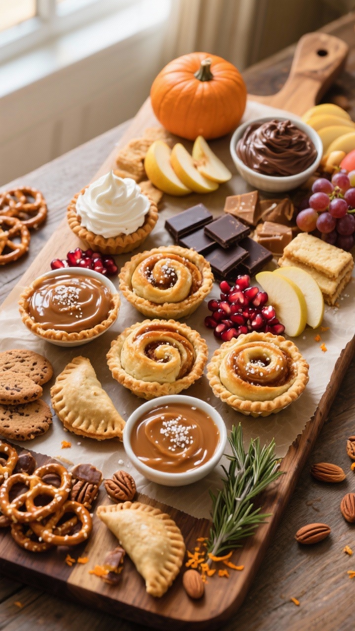 Overhead shot of a fully assembled Thanksgiving dessert charcuterie board on a large wooden platter 