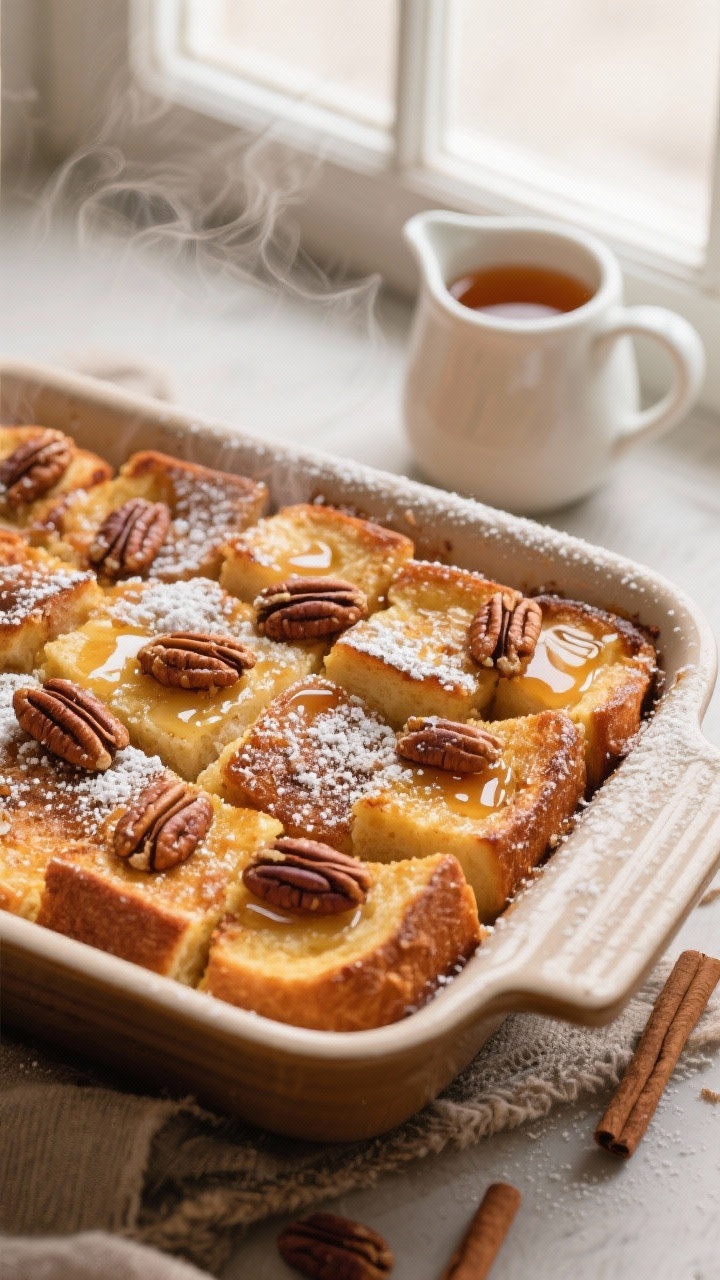 Make-Ahead Christmas Breakfast Recipes for Stress-Free Mornings: 3 Overnight Winners You’ll Pop in the Oven and Take All the Credit For Overhead shot of the Overnight Cinnamon-Maple French Toast Bake just out of the oven: puffed brioche