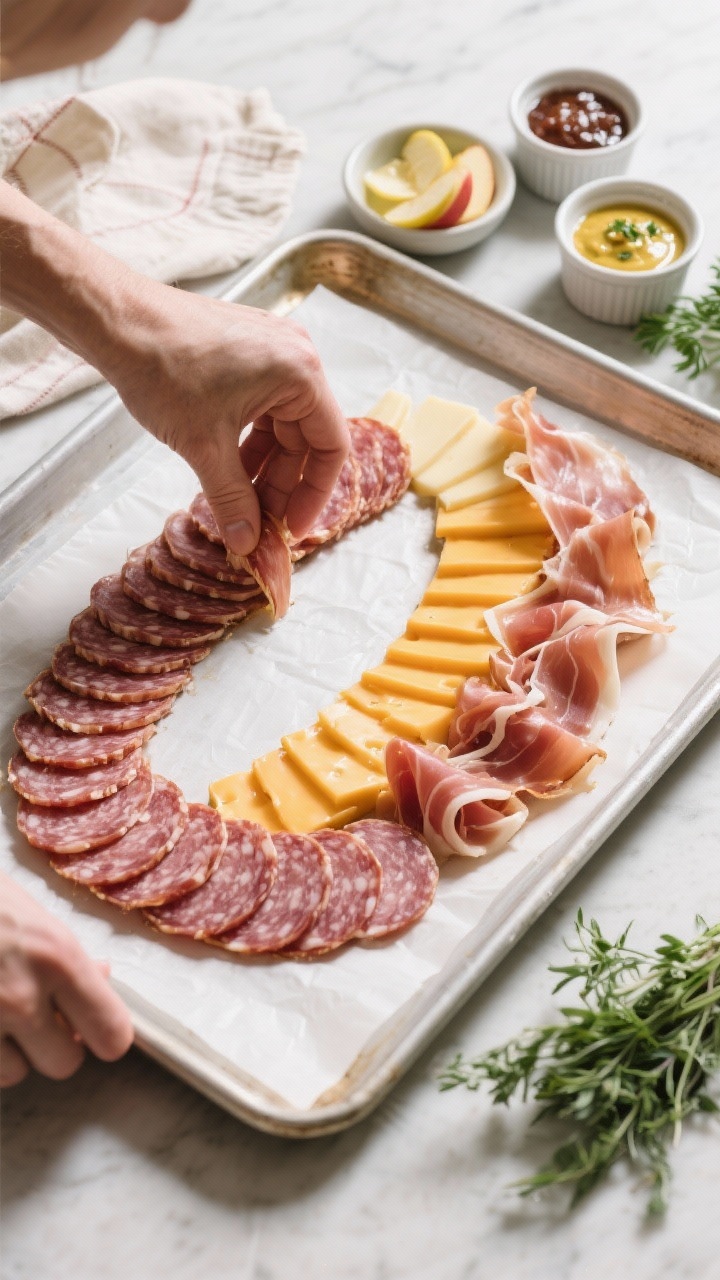 Process shot, overhead and tidy: constructing the first feather rows on parchment-lined sheet pan—