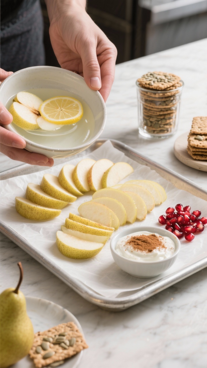 Process shot: sliced apples and pears just lifted from a bowl of lemon water, being patted dry on a 