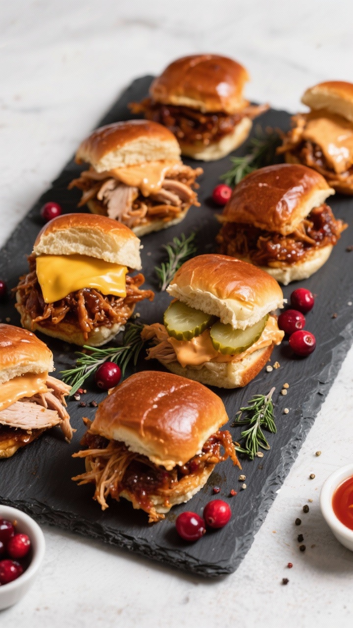 Tasty top-down slider spread: Turkey Cranberry Pulled Sliders arranged on a slate board, glossy toas