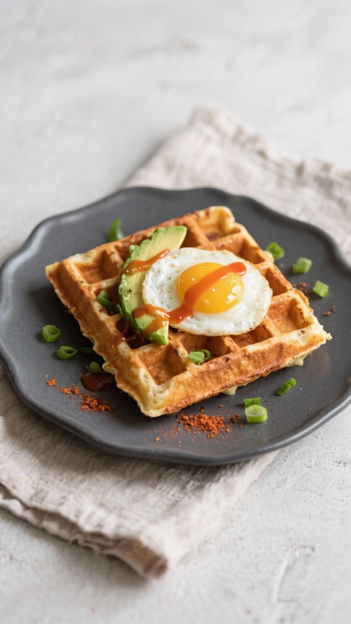 Tasty top view: Cheesy potato waffles fresh from the iron, bronzed and crisp with defined grid marks