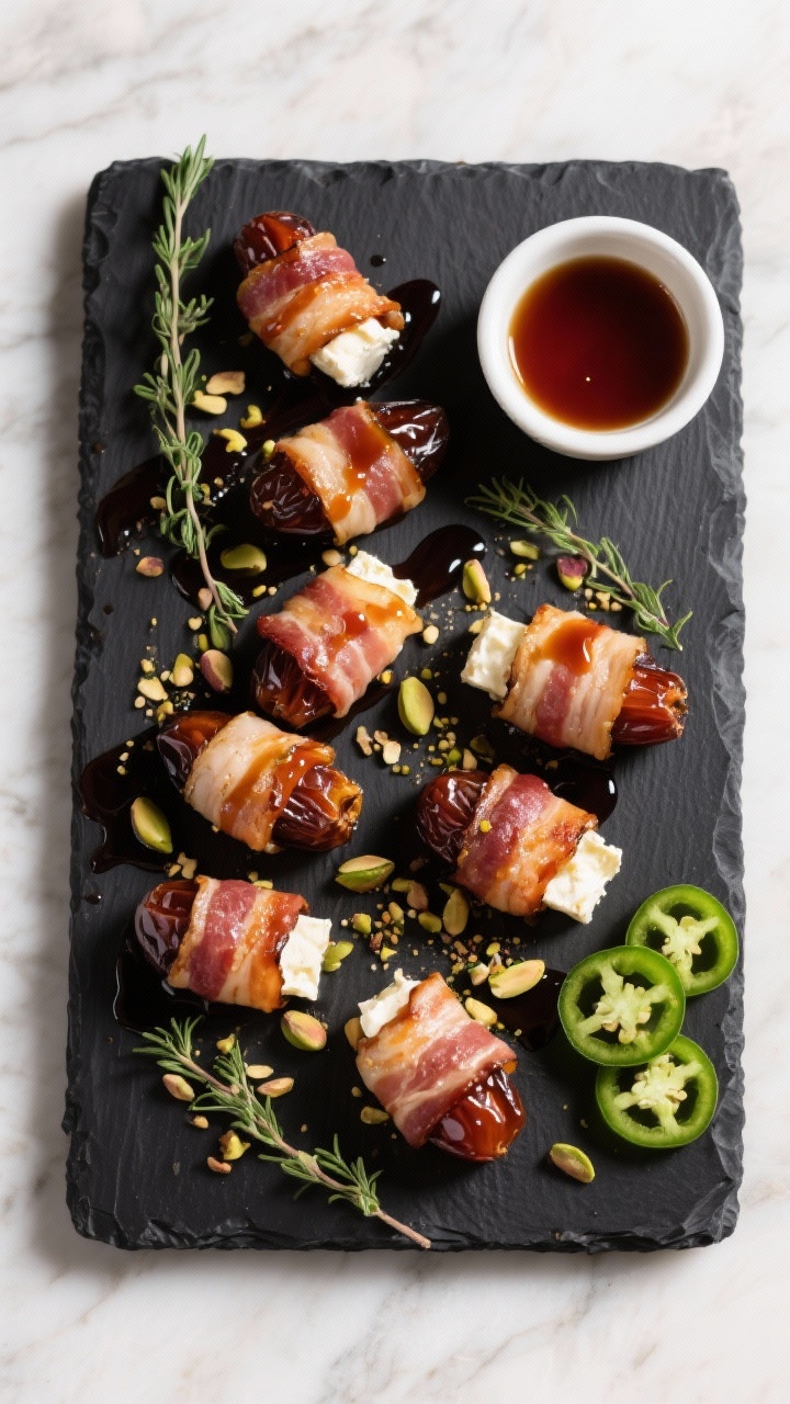 These Bacon-Wrapped Stuffed Dates with Goat Cheese Are the 3-Ingredient Flex Your Guests Won’t Shut Up About Tasty top view: Final platter presentation of bacon-wrapped goat cheese dates on a matte black servi