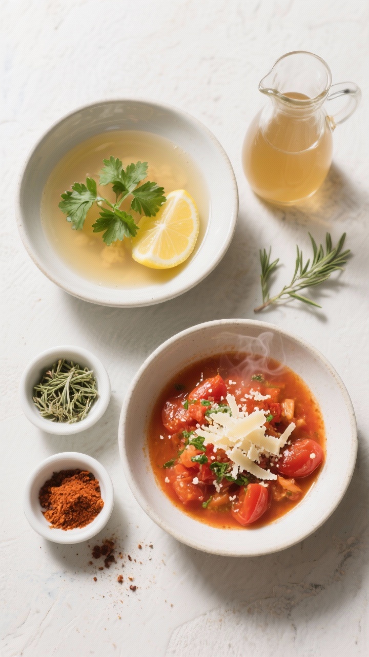 Tasty top view: Flat-lay of two portions for meal prep—one clear-broth version and one with crushe