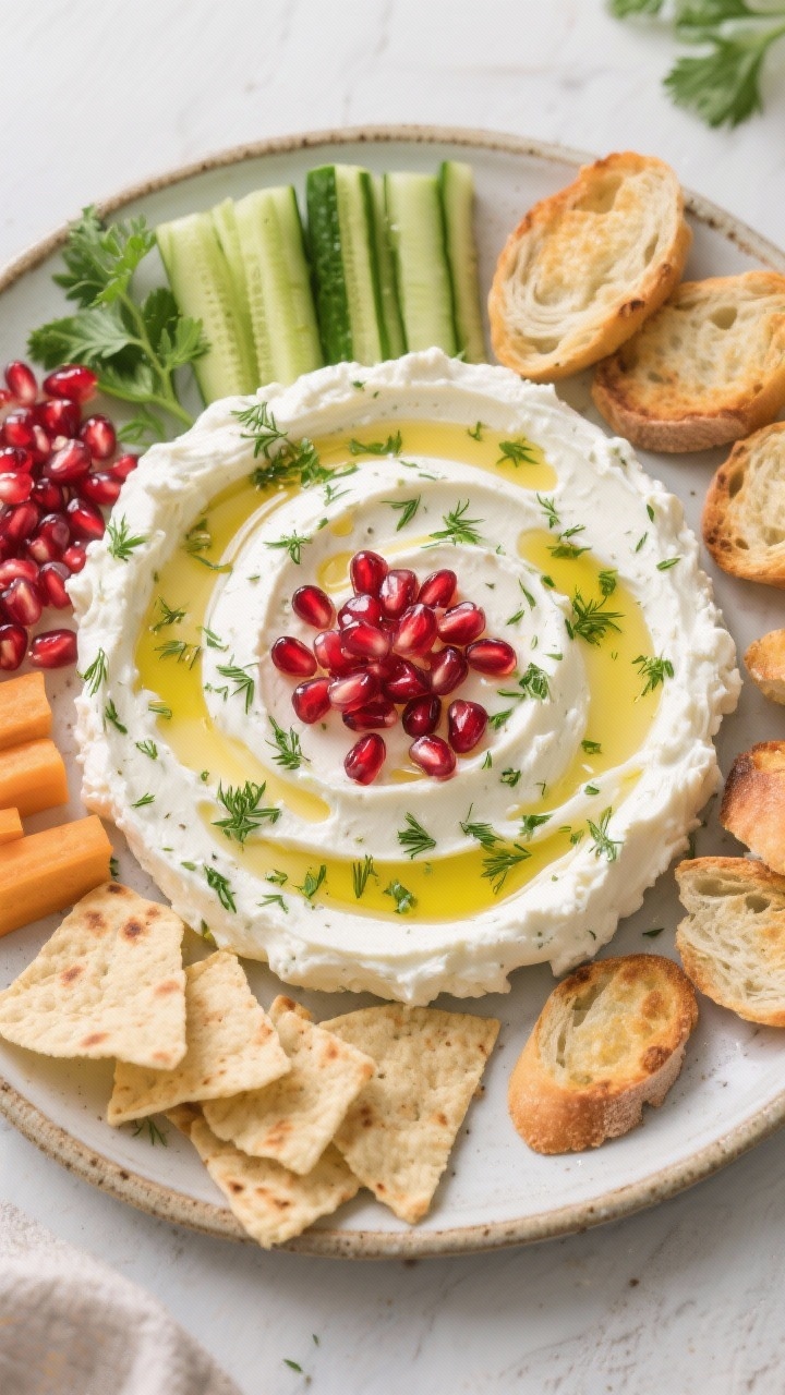 Tasty top view: Herby Whipped Feta spread in swoops on a shallow ceramic platter, drizzled with oliv