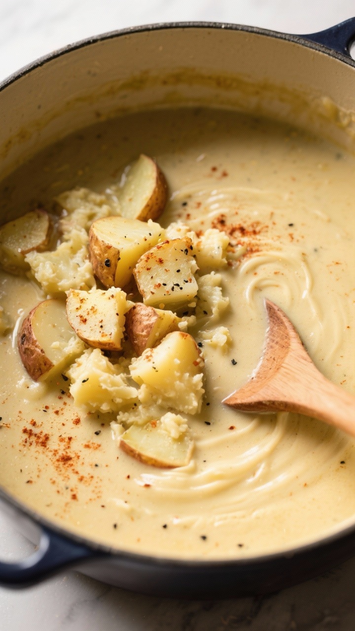 Tasty top view — Loaded baked potato soup in the pot: Overhead shot of the soup at the “adjust t