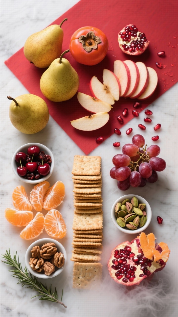 Tasty top view of color-zoned layout in progress: pears fanned next to warm-toned persimmons, a red 