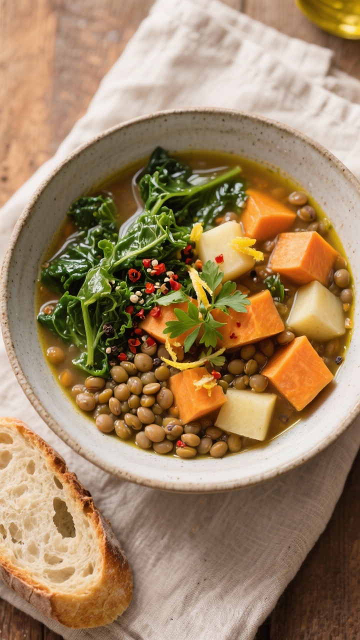 Tasty top view: Overhead bowl of finished lentil and root vegetable soup, vibrant kale just-wilted a