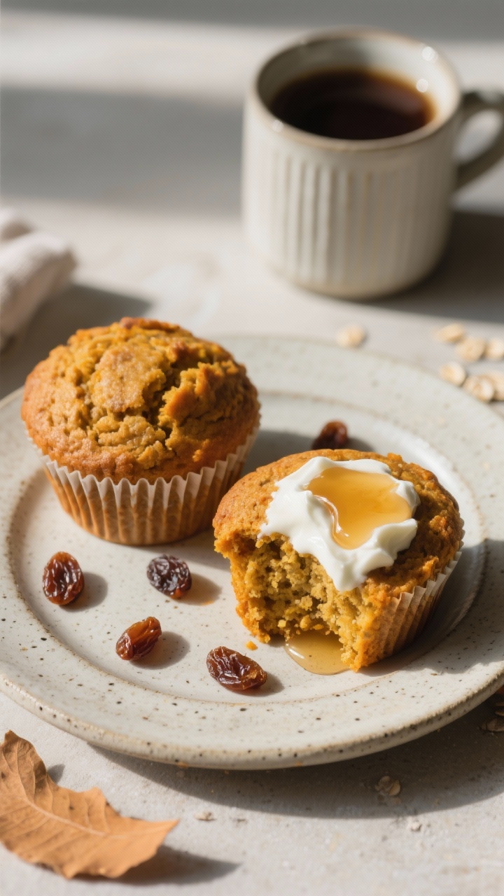 Healthy Pumpkin Muffins Made with Oats: A Cozy, Guilt-Free Breakfast You’ll Actually Crave Tasty top view: Overhead breakfast setup with two pumpkin oat muffins on a stoneware plate, one slic