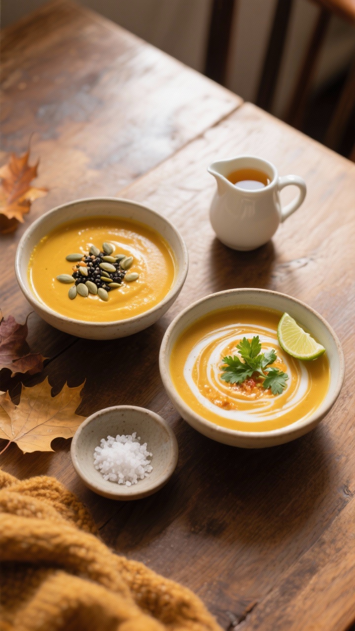 Creamy Butternut Squash Soup for Cozy Fall Nights: The Silky, Golden Bowl You’ll Crave All Season Tasty top view: Overhead hero shot of a cozy fall table setting featuring two bowls of soup—one cl