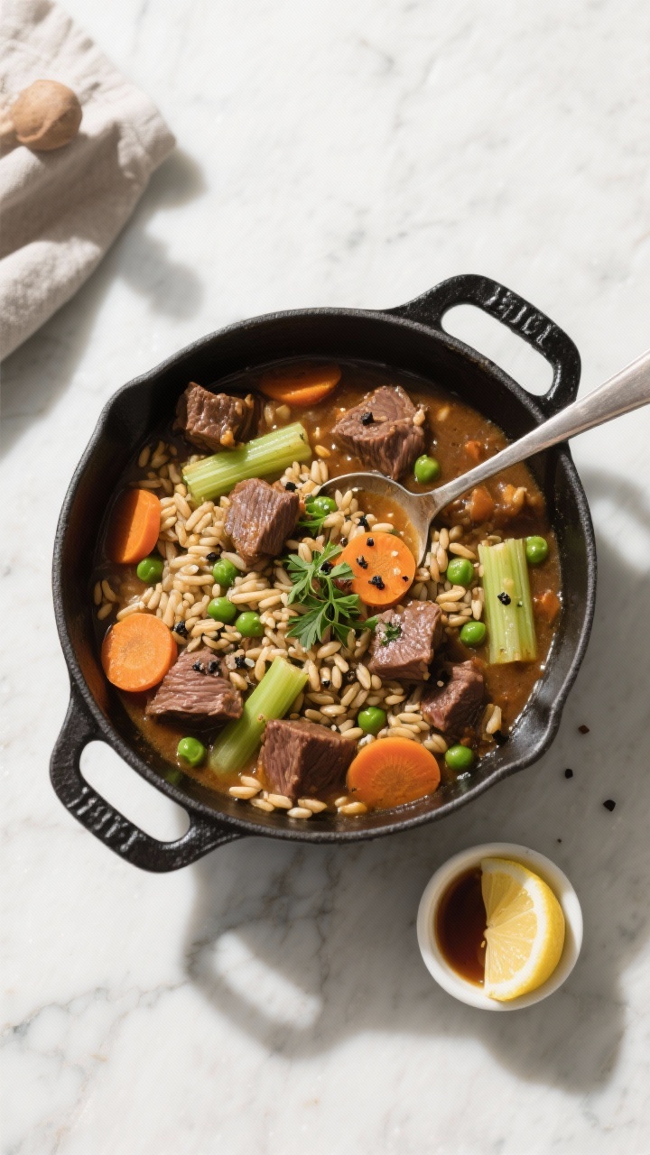 Hearty Beef & Barley Stew for Cold Winter Days: The One-Pot Powerhouse That Makes Winter Worth It Tasty top view: Overhead plated scene of the finished stew arranged family-style in a matte black Du