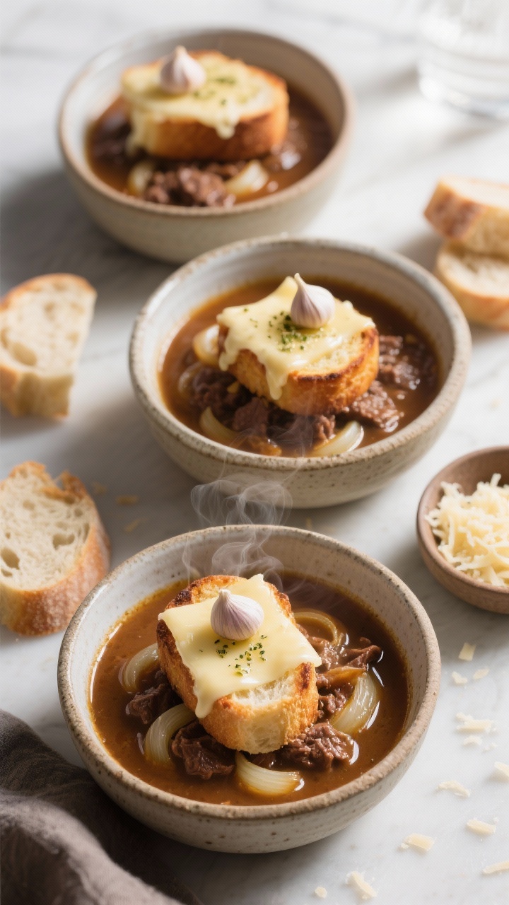 Tasty top view: Overhead plating of multiple servings—three rustic bowls filled with glossy, beefy