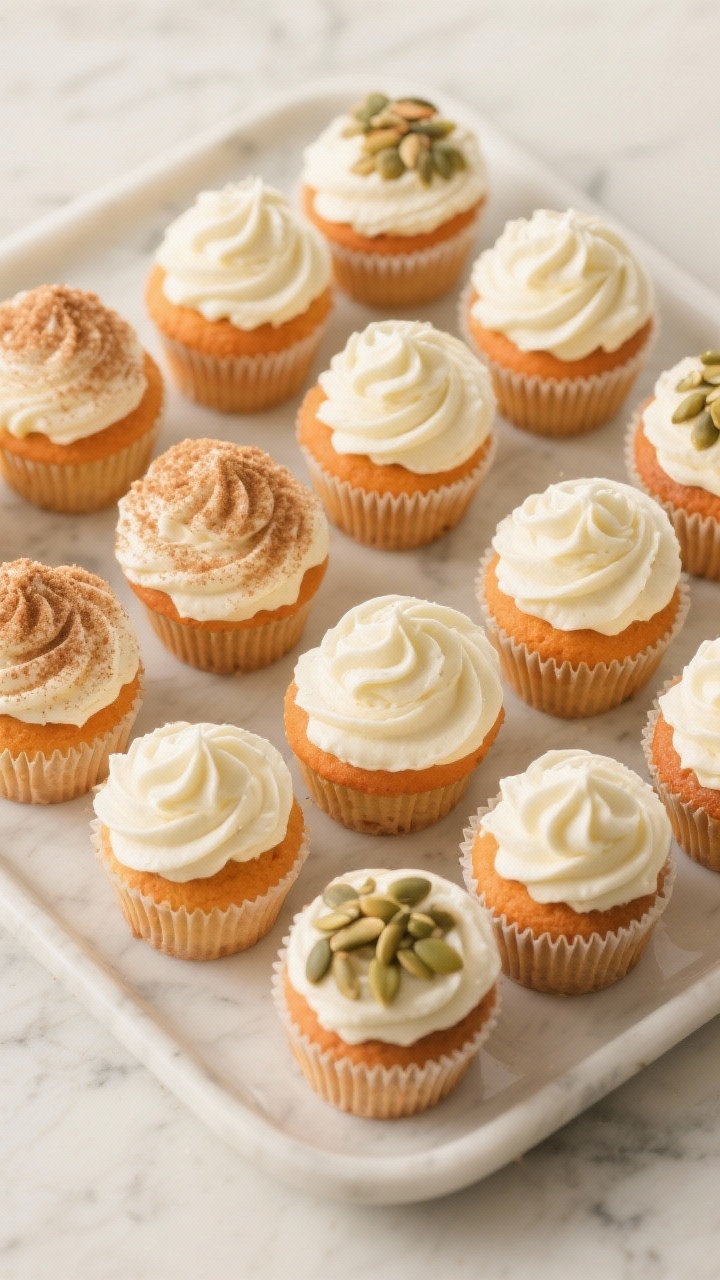 Pumpkin Spice Cupcakes with Cream Cheese Frosting: The Ultimate Fall Treat You’ll Crave All Year Tasty top view: Overhead platter of a dozen fully cooled, frosted cupcakes arranged in a tight grid;