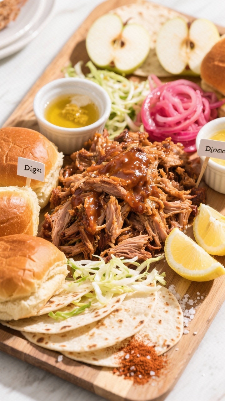 Tasty top view: Overhead platter of build-your-own spread—mounded pulled pork glistening with sauc
