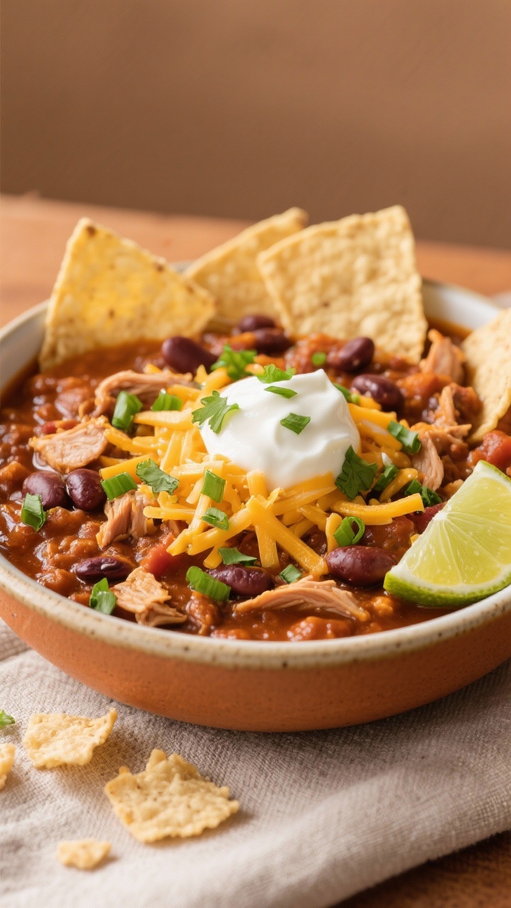 Tasty top view: Overhead, restaurant-quality bowl of finished pumpkin chili, garnished with a dollop