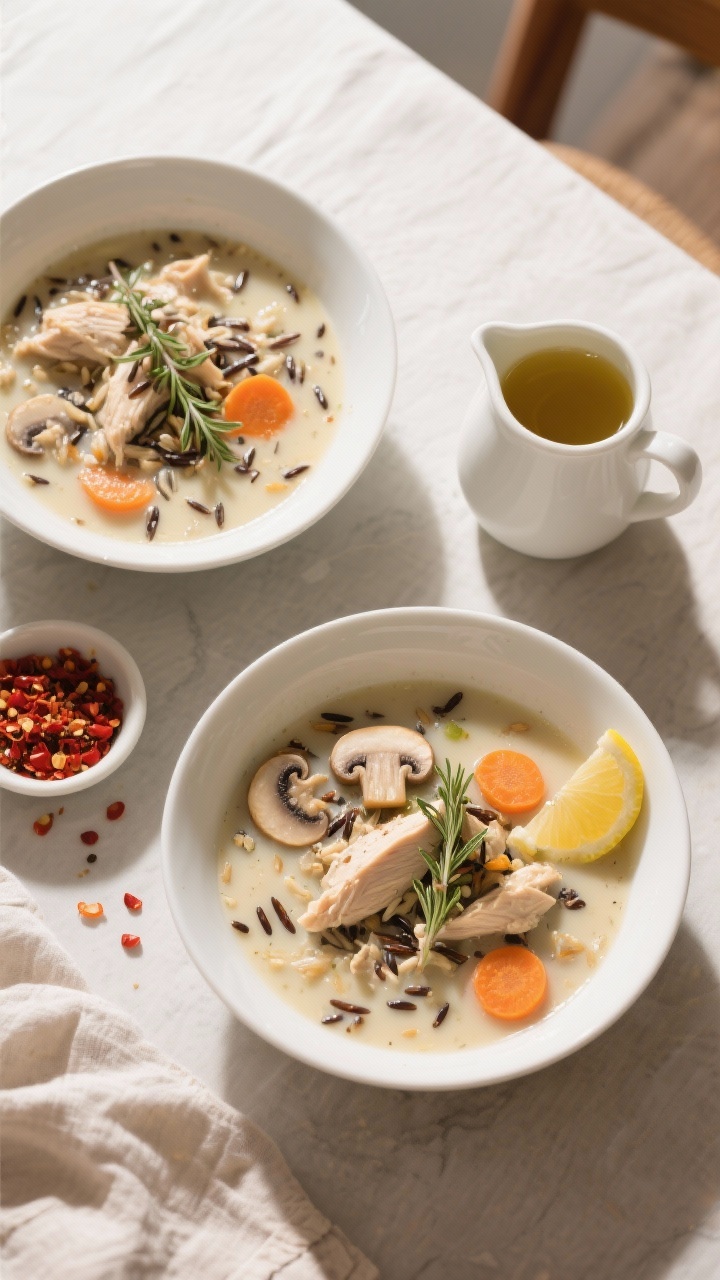 Tasty top view: Overhead scene of a cozy weeknight table—two bowls of chicken and wild rice soup w
