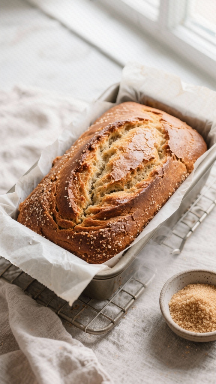 Tasty top view: Overhead shot of a 9x5 loaf just lifted from the pan by parchment overhang, fully ba