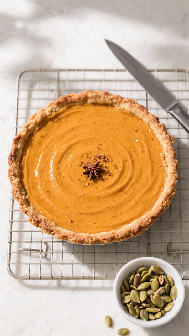 Tasty top view: Overhead shot of a fully baked pumpkin pie on a cooling rack, center with a gentle j
