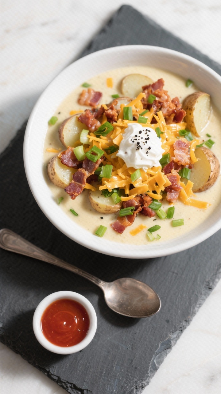 Loaded Baked Potato Soup for the Ultimate Comfort Bowl: Creamy, Cheesy, Bacon-Loaded Magic You’ll Make on Repeat Tasty top view: Overhead shot of a fully loaded bowl of baked potato soup, heavily garnished with cr