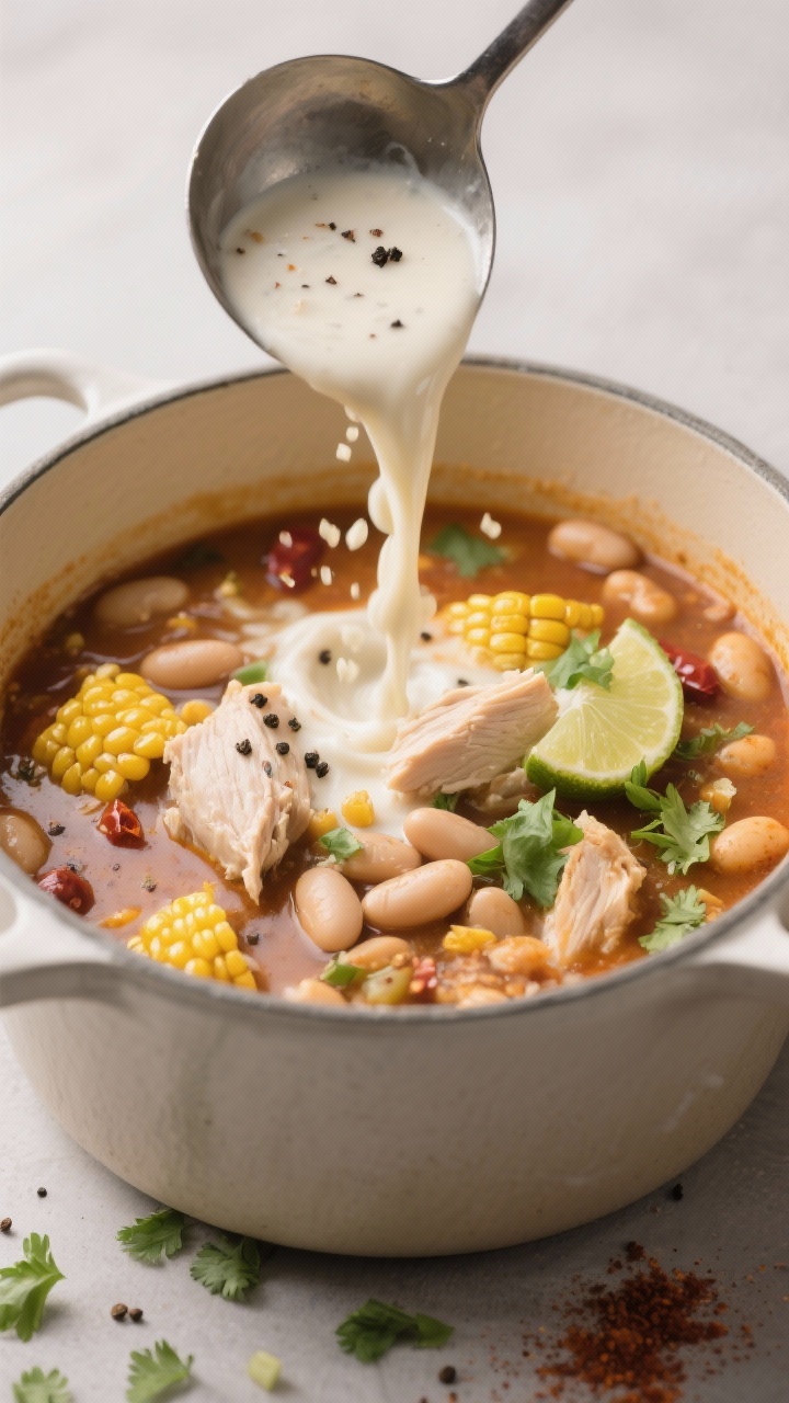Tasty top view — Overhead shot of a ladle hovering over the pot, pouring creamy white chicken chil