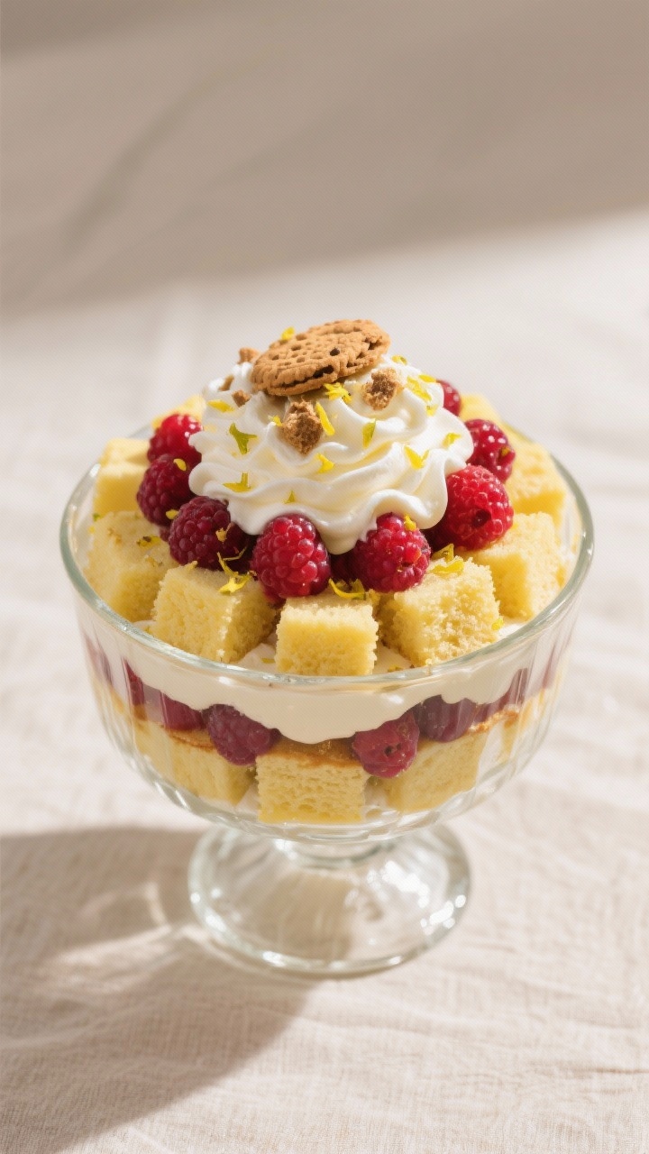 Tasty top view: Overhead shot of a layered cake trifle glow-up in a clear glass bowl—cubes of yell