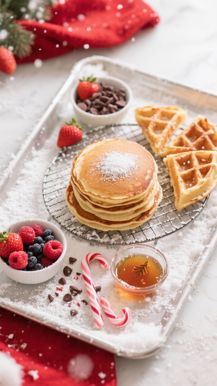 Tasty top view: Overhead shot of a mixed platter—stack of fluffy pancakes and quartered waffles he