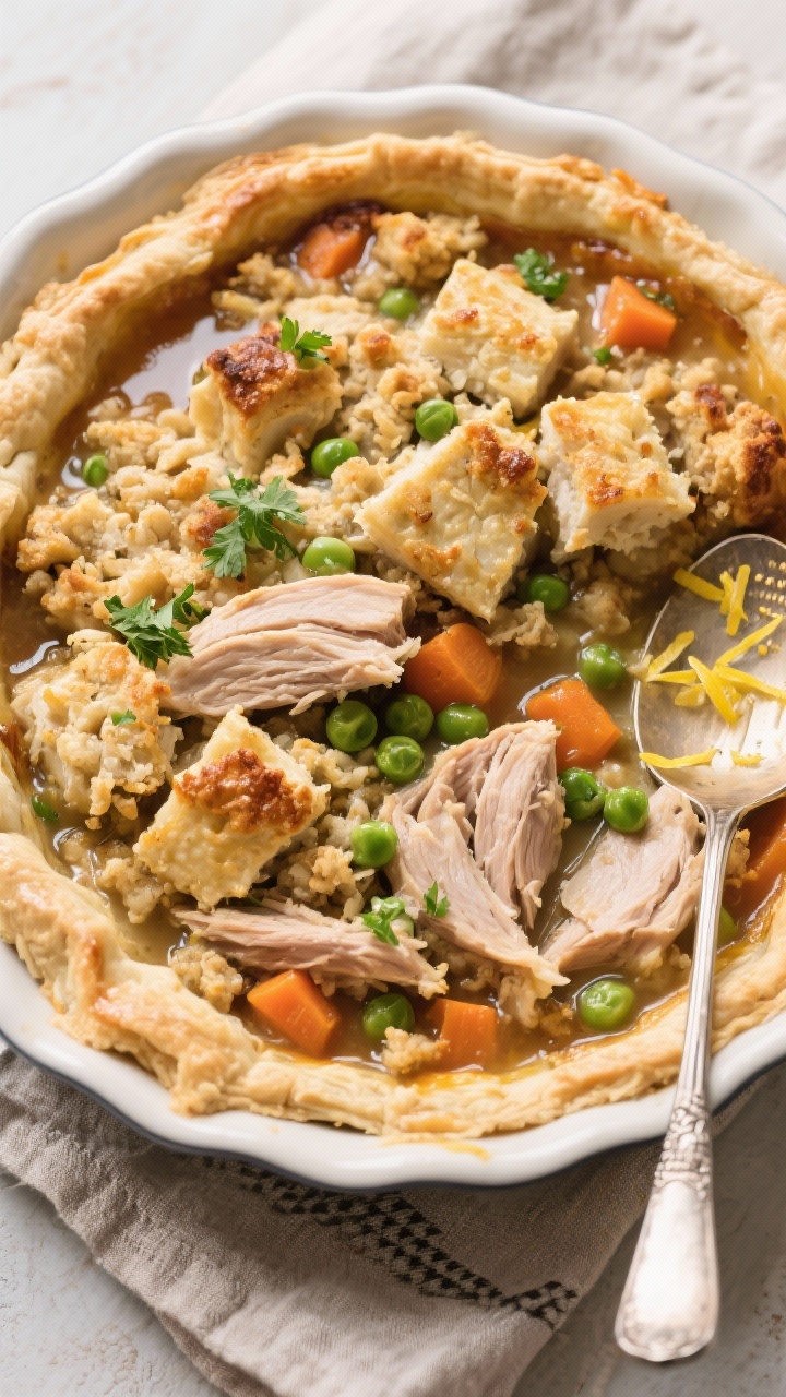 Leftover Stuffing Makeovers You’ll Actually Crave: 9 Outrageously Good Ways to Turn Yesterday Into “Wait, What Is This?!” Tasty top view: Overhead shot of a turkey-and-stuffing pot pie baked in a round pie dish, the “cru