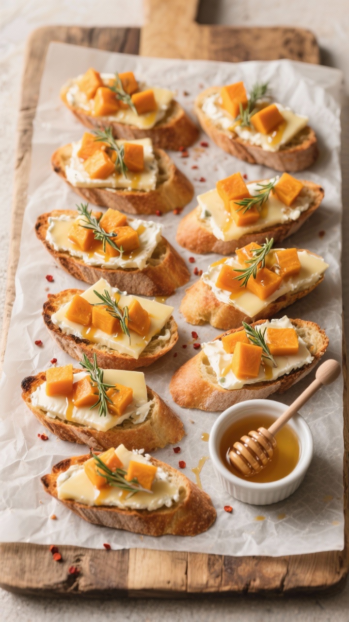 Tasty top view: Overhead shot of Butternut and Brie Crostini on a parchment-lined rustic board, neat